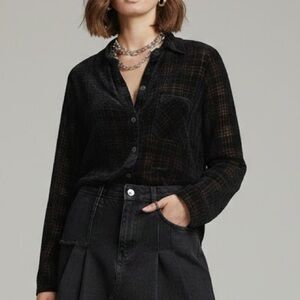 Democracy Black Velvet Houndstooth Blouse plaid long Sleeves SMALL